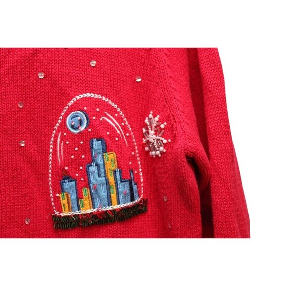 Vintage 90s Cardigan Sweater Medium Embroidered Sequin Beaded Holiday Winter - Picture 8 of 12